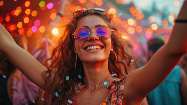 Beautiful young millennial at outdoor festival Happy young people dancing at music festival