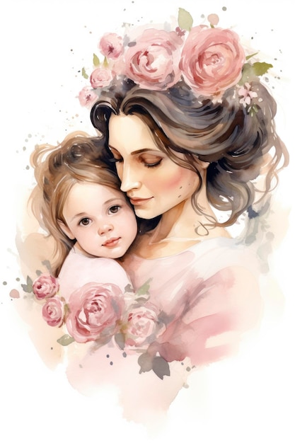 Beautiful Young Mother Holding a Little Baby Daughter with Flowers