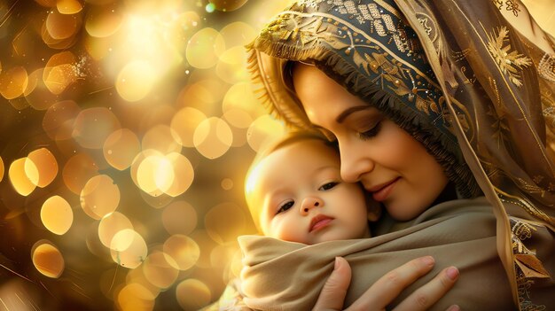 A beautiful young mother holds her baby close The baby is wrapped in a blanket and looks up at the mother with love