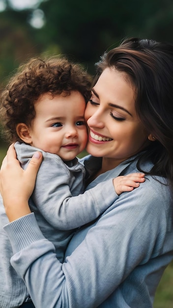 Beautiful young mother tenderly hugs her little cute child