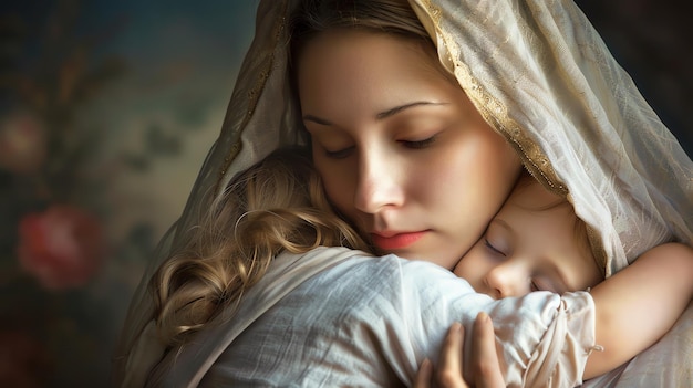 Photo a beautiful young mother with long blond hair is holding her sleeping baby close her eyes are closed and she has a peaceful expression on her face