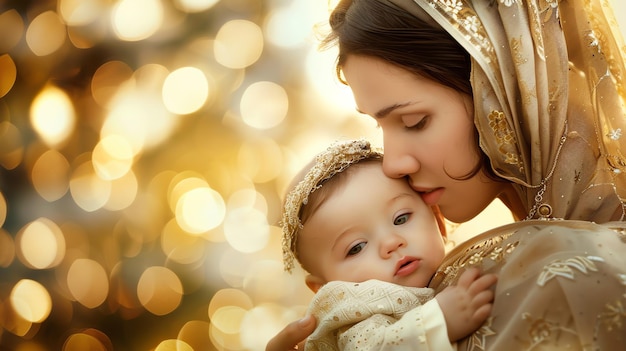 A beautiful young mother with long brown hair is holding her baby close She is wearing a golden dress with a white veil