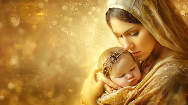 A beautiful young mother with long brown hair is holding her sleeping baby close