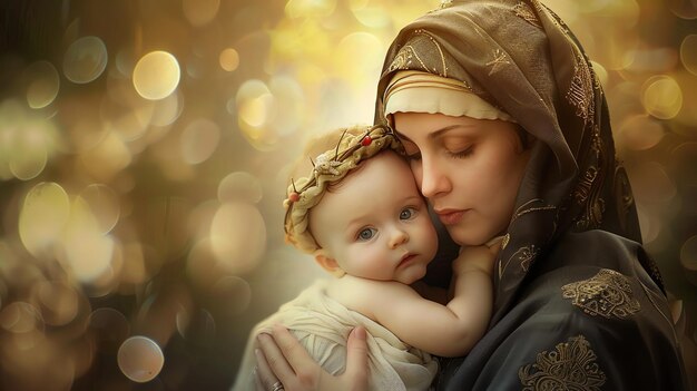 A beautiful young mother with long flowing hair is holding her baby close The baby is wearing a crown of thorns