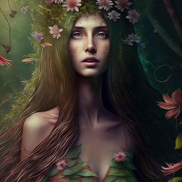 Beautiful young nymph spirit of the forest with long hair and botanical ornaments