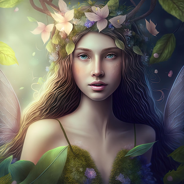 Beautiful young nymph spirit of the forest with long hair and botanical ornaments