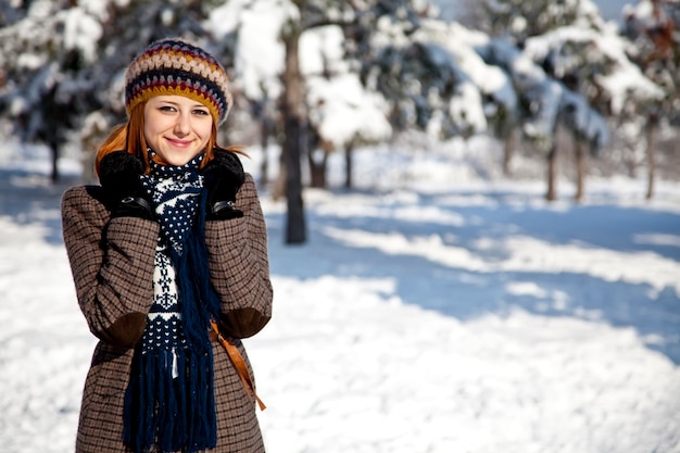 Beautiful young red-haired woman in winter park