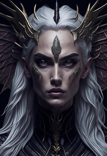 Beautiful young royal dragon queen with long platinum blonde windblown hair and dragon scale wings