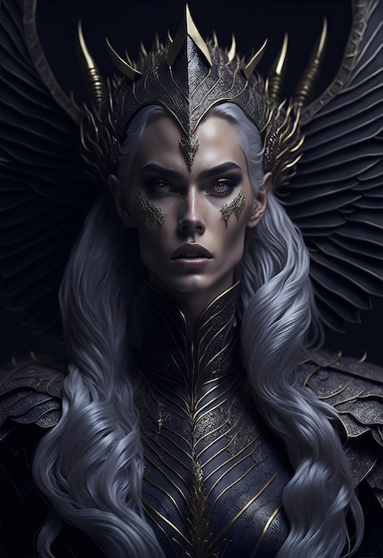 Beautiful young royal dragon queen with long platinum blonde windblown hair and dragon scale wings