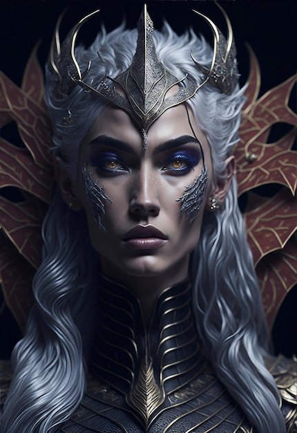 Beautiful young royal dragon queen with long platinum blonde windblown hair and dragon scale wings