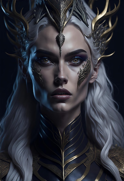 Beautiful young royal dragon queen with long platinum blonde windblown hair and dragon scale wings