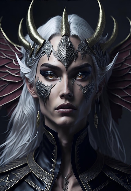 Beautiful young royal dragon queen with long platinum blonde windblown hair and dragon scale wings