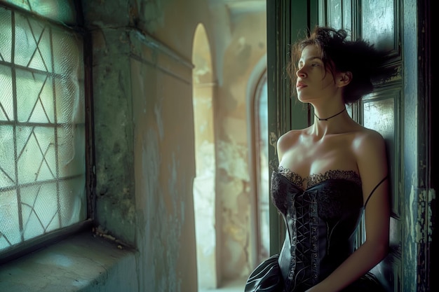 A beautiful young sexy female model in a corset stands in the interior of an ahistorcratic mansion