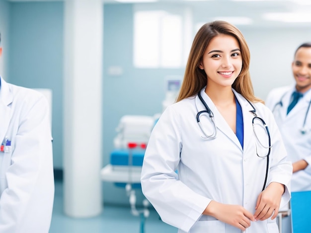 Beautiful young smiling female doctor standing in a hospital