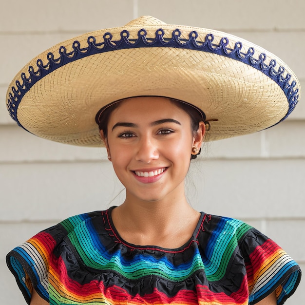 Photo beautiful young smiling mexican woman wearing a mexican sombrero hat