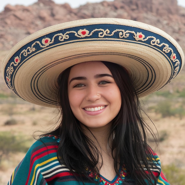 Photo beautiful young smiling mexican woman wearing a mexican sombrero hat