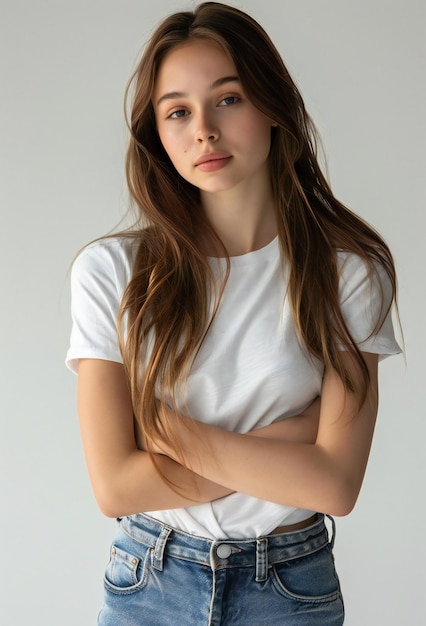 Beautiful young standing woman wearing white tshirt and jeans studio photography