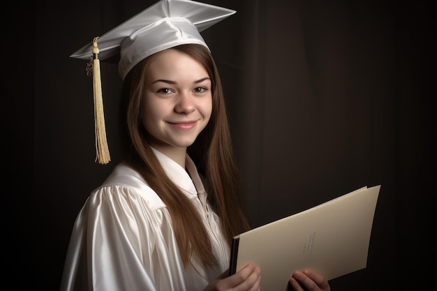 A beautiful young student reading her diploma with a smile created with generative ai