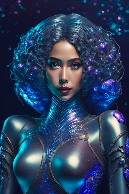 Beautiful young supermodel Goddess mermaid cyborg with intricate futuristic portrait