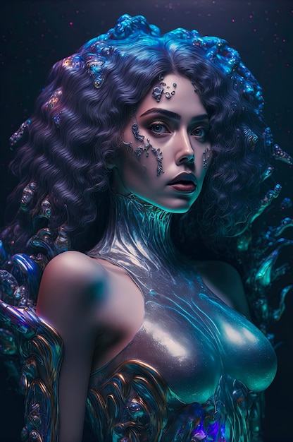 Beautiful young supermodel Goddess mermaid cyborg with intricate