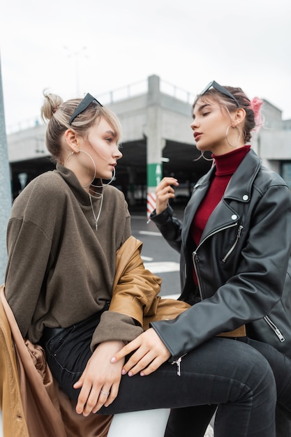 Beautiful young teen girls in fashionable clothes sit on the street in the city