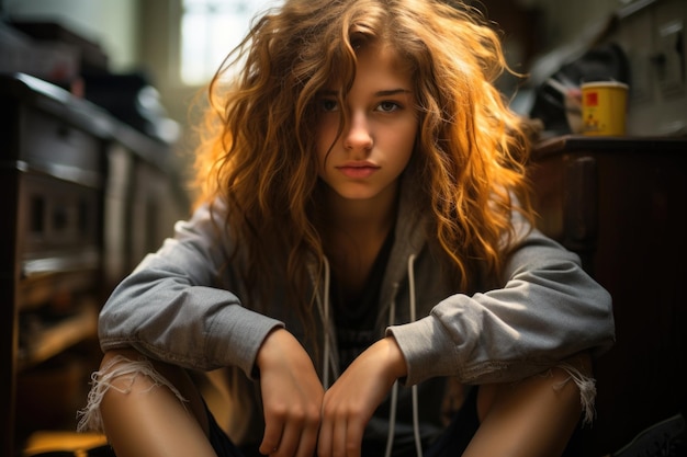 Photo a beautiful young teenager sitting on the floor at home desperate sad alone generative ia