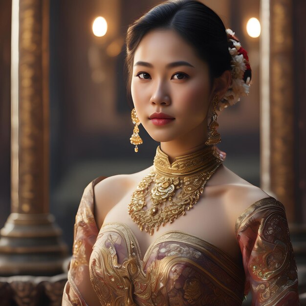 a beautiful young Thai woman in a gold dress