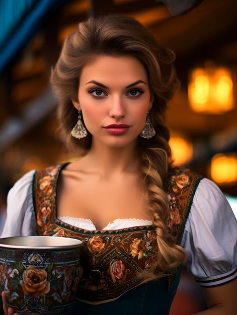 Beautiful young waitress with a mug of beer at Oktoberfest