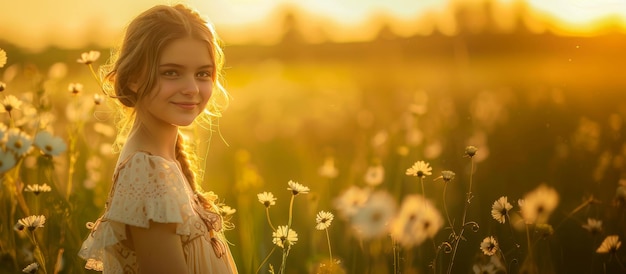 Photo beautiful young white girl in a milkmaid dress stands in a field