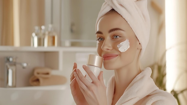 Photo beautiful young woman applying moisturizer cream in bathroom for glowing skin