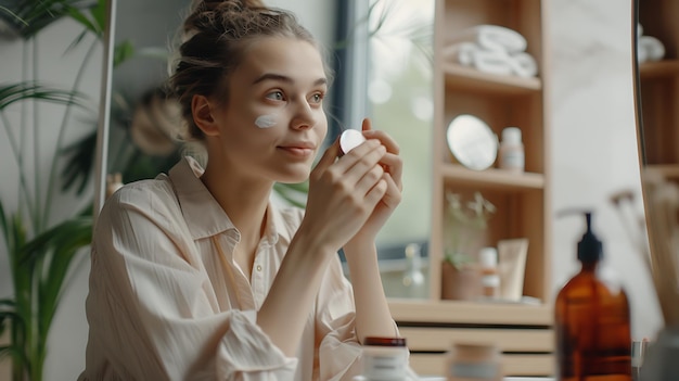 Photo beautiful young woman applying moisturizer cream in bathroom for glowing skin