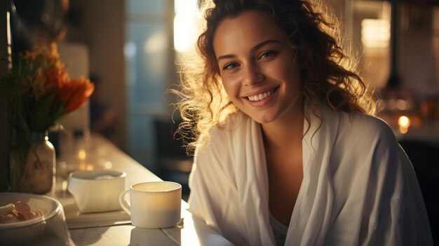 Beautiful young woman in bathrobe sitting in the kitchen at morninggenerative ai