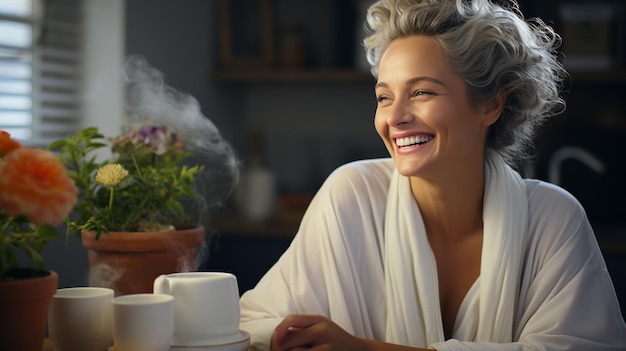 Beautiful young woman in bathrobe sitting in the kitchen at morninggenerative ai