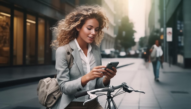 beautiful young woman on a bicycle using her smartphon