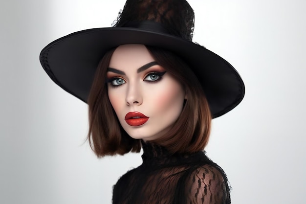 Beautiful young woman in black hat Halloween make up Red lips