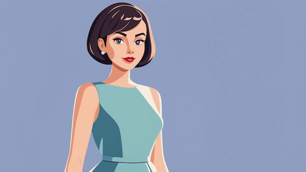 Photo beautiful young woman in blue dress vector illustration in cartoon style