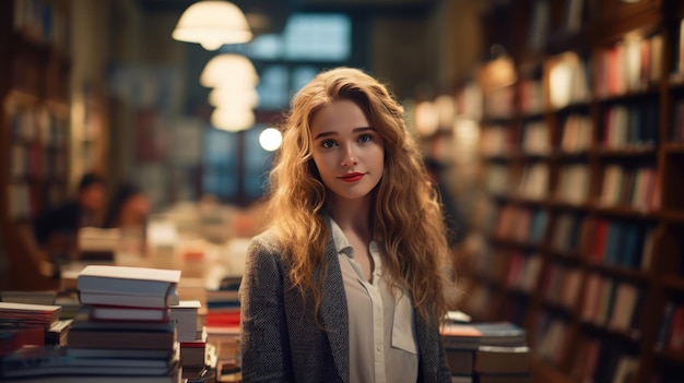 Beautiful young woman in a book shop