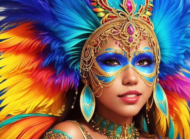 Beautiful young woman in carnival with feathers costume