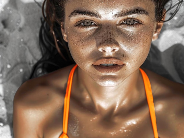 Beautiful young woman in a colored bikini swimsuit closeup against the backdrop of a black and white beach and sea