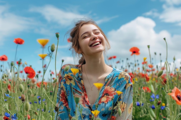 Photo beautiful young woman in a colorful shirt standing on the meadow with poppies and wild flowers