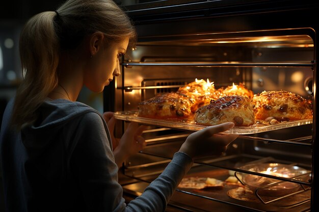 Beautiful young woman cooking meat in oven at home