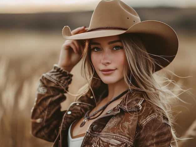 Photo beautiful young woman in a cowboy hat