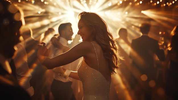 Photo beautiful young woman dancing at a party surrounded by people she is wearing a white dress and has long blond hair she is smiling and looks happy