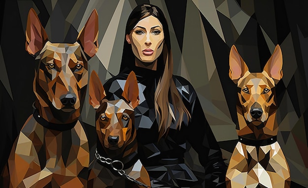 Beautiful young woman and dogs in a polygonal style