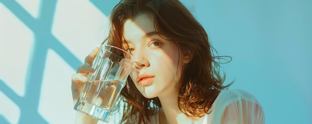 Beautiful young woman drinking pure water from glass on light blue background