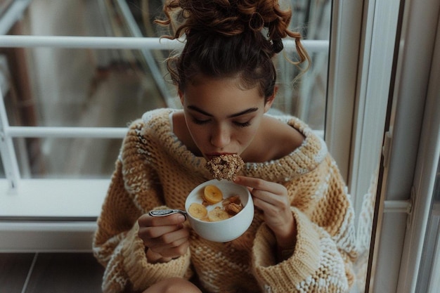 Beautiful young woman eating cereals and fruits at home