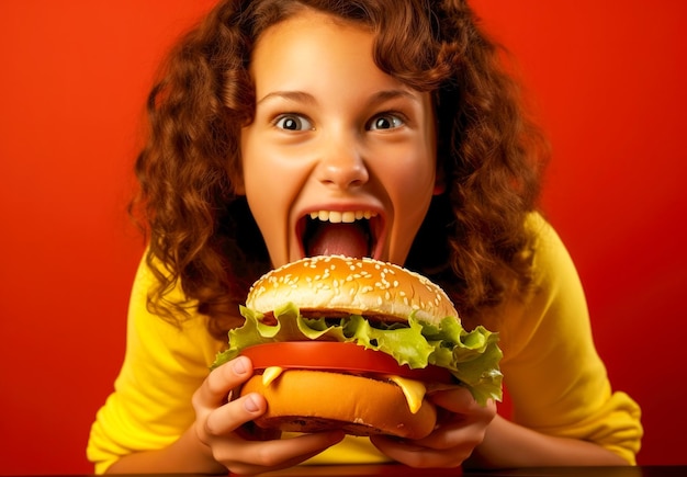 Beautiful young woman eating a hamburger Closeup