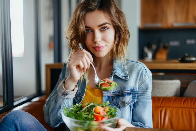 Photo beautiful young woman eating healthy vegetable salad one young beautiful woman sitting on sofa at ho