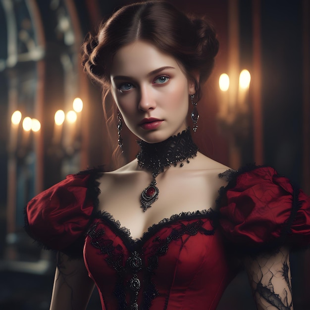 a beautiful young woman in an elegant dark red dress in candlelight enchantment