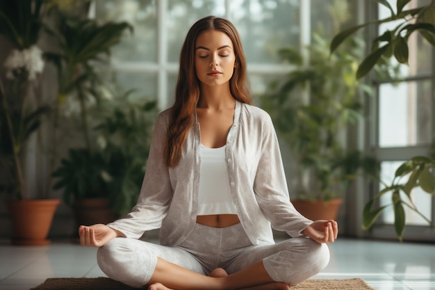 Beautiful young woman engaging in breathing exercises and mindfulness meditation at home